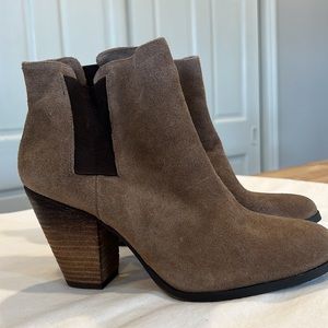 Vince Camuto light brown suede bootie with 4” heel